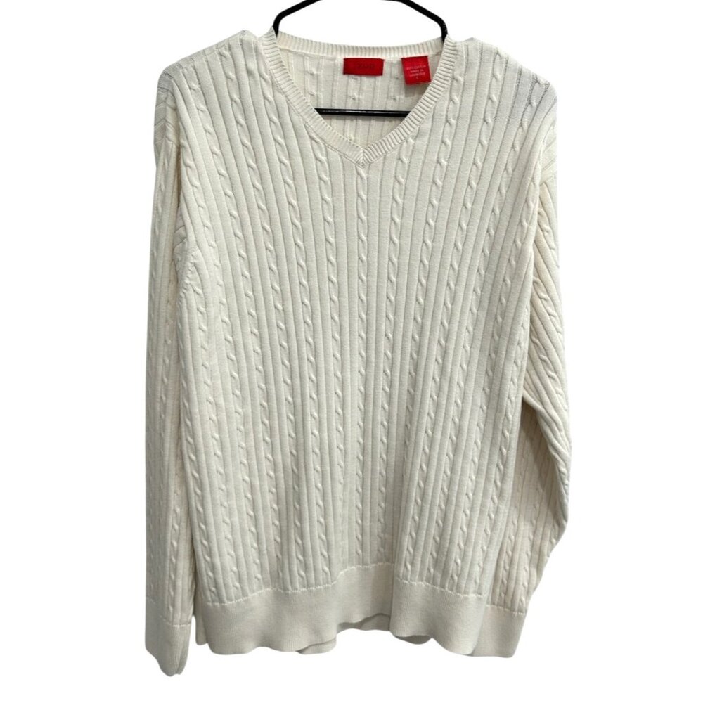 Izod Mens Cable Knit V-Neck Sweater Cotton White Classic Design Sz L